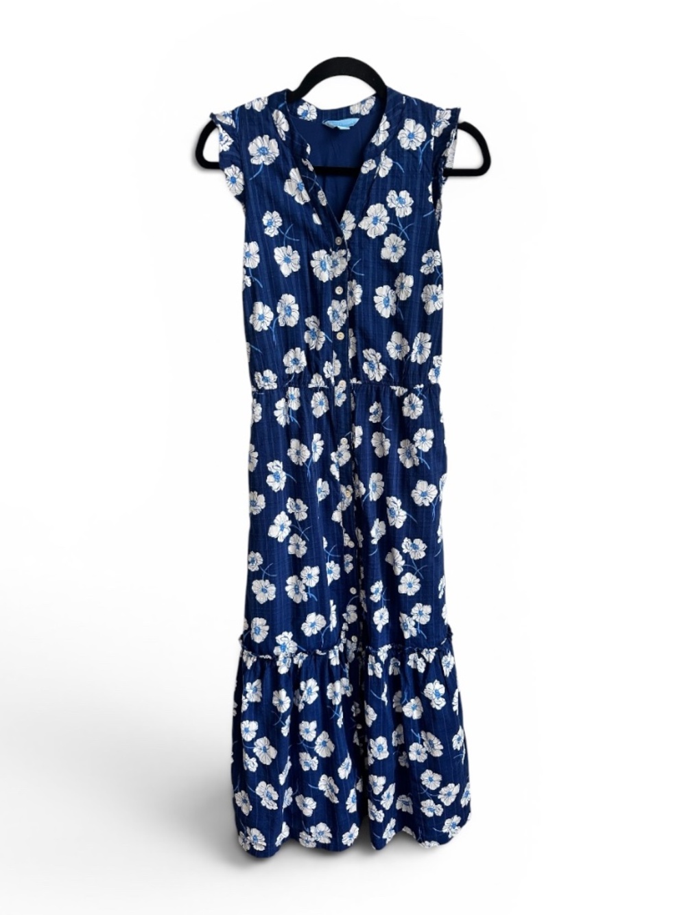 Draper James Floral Midi Dress Size S Blue White Button Front Ruffle Hem